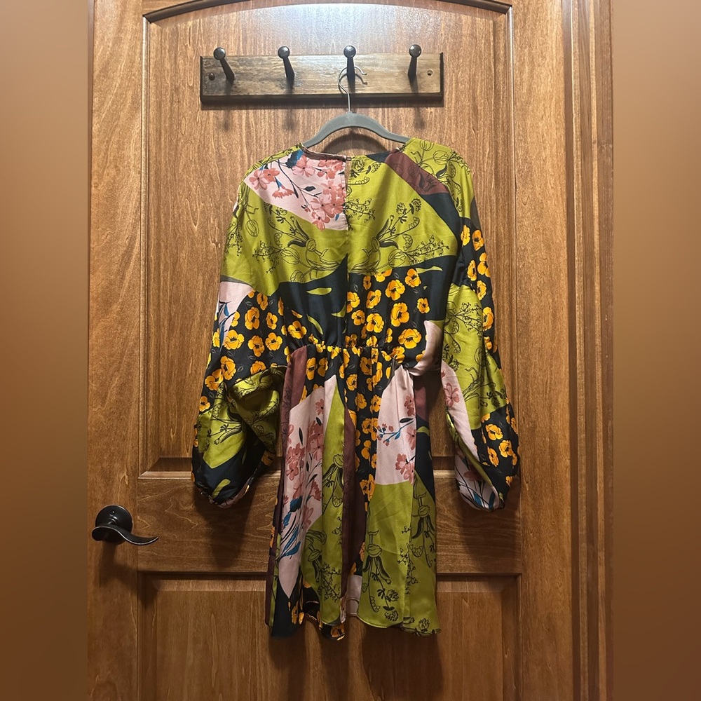 Zara Patchwork Floral Long-Sleeve Mini Dress in Olive Green, Black, Pink, Yellow - Picture 4 of 4